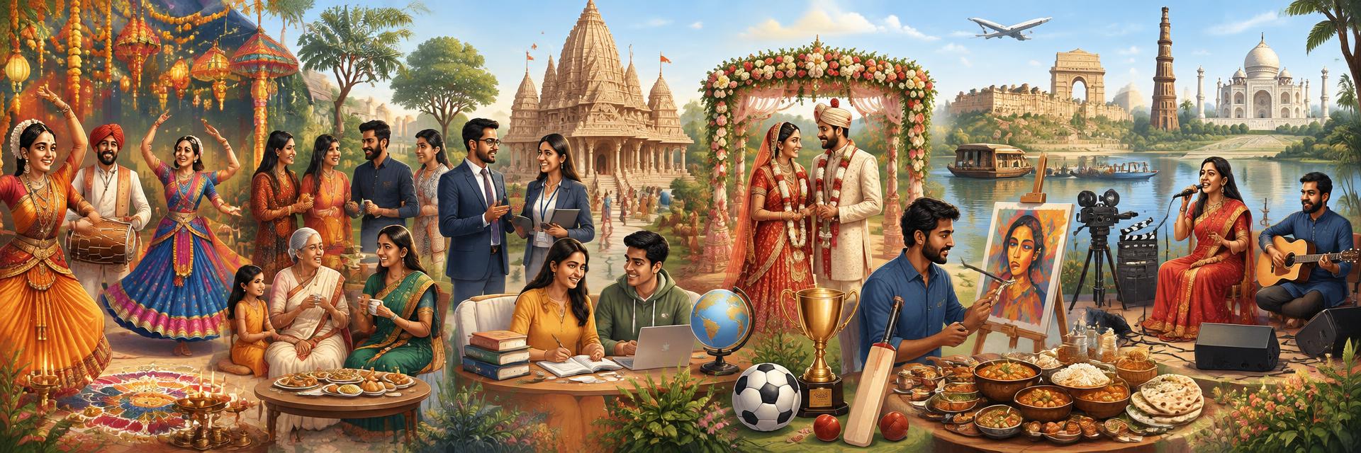 Indian festivals, community, education, weddings, sports, arts, food, travel, movies and music